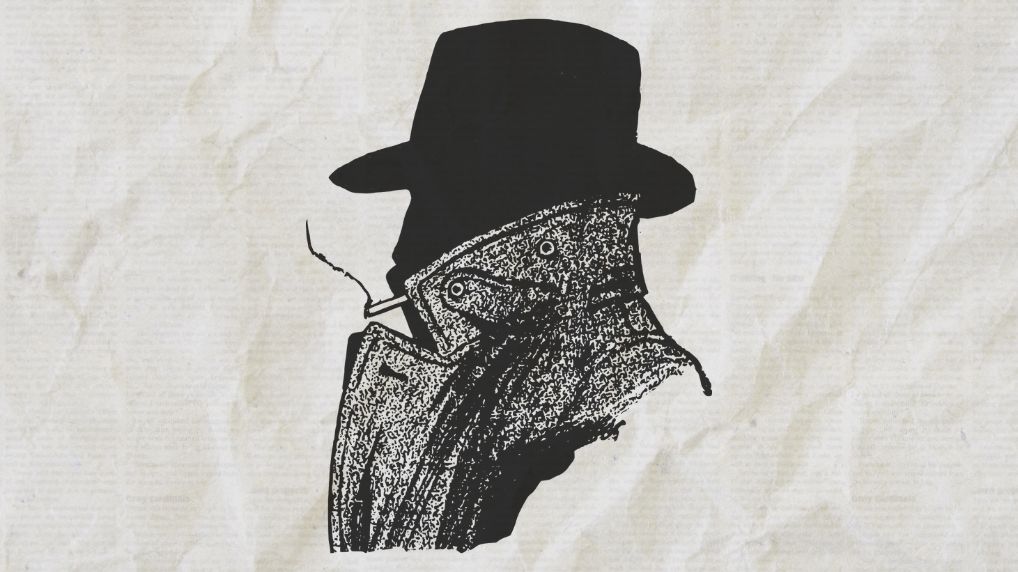 Mysterious figure in a fedora and trenchcoat smoking a cigarette