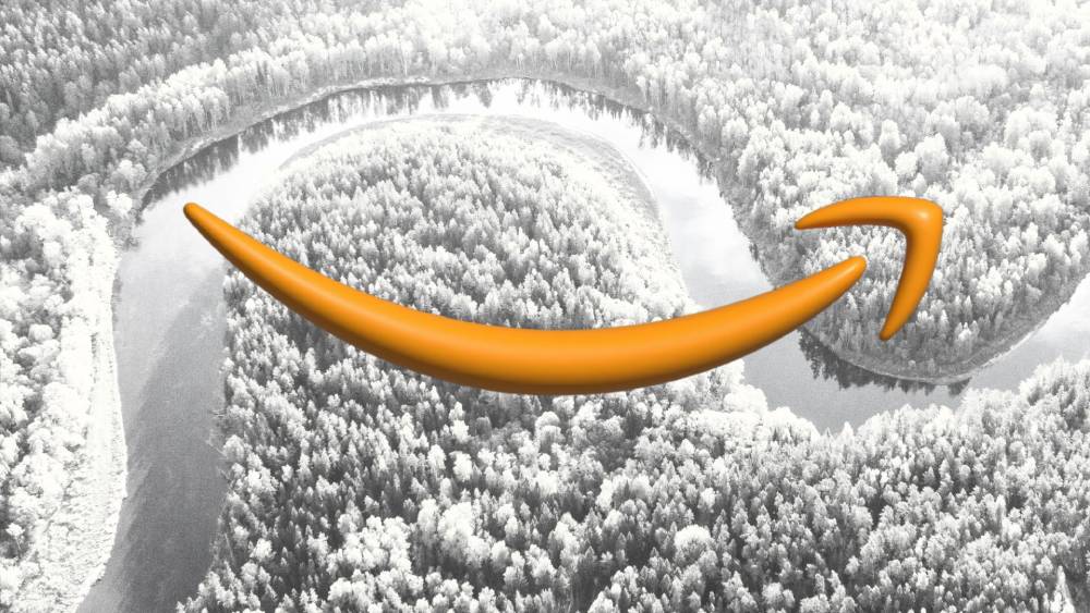 AWS arrow looms over a black & white forest. images from Ivars Utinans and Abid Shah